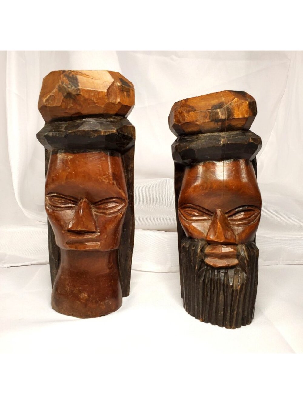 Vintage Jamaican Hand-Carved Wooden Couple Man and Woman Bust Sculptures